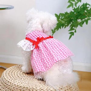 Vêtements pour chiens Robes d'été Adorable Treillis Plaid Imprimer Chiot Jupe Noeud Papillon Élégant Habiller Chat Sangle Vêtements Pour Animaux De Compagnie Vêtements Quotidiens