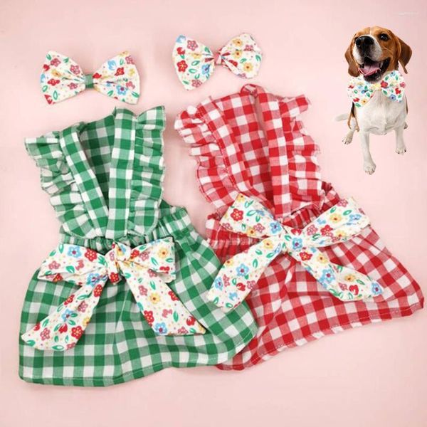 Ropa para perros Verano Ropa para mascotas Falda a cuadros Arco Fino Traje floral Moda Piel Amigable Cómodo Dulce Lindo