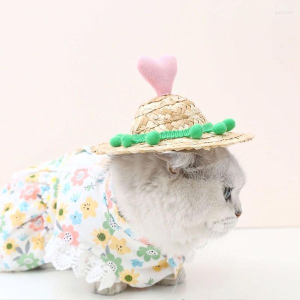 Ropa para perros Sombrero tejido para mascotas de verano Sombrilla Gato Bola de amor Amarillo para perros pequeños Gatos Fiesta en la playa Accesorios de disfraces de paja