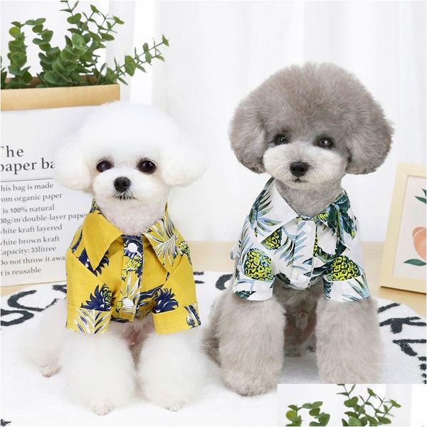 Ropa para perros Camisas de verano Blusa Tops Hawaii Patrón de árbol de coco Cachorro Abrigo Chaqueta Traje Ropa para perros Amarillo Blanco Will y Sandy Dhbf4