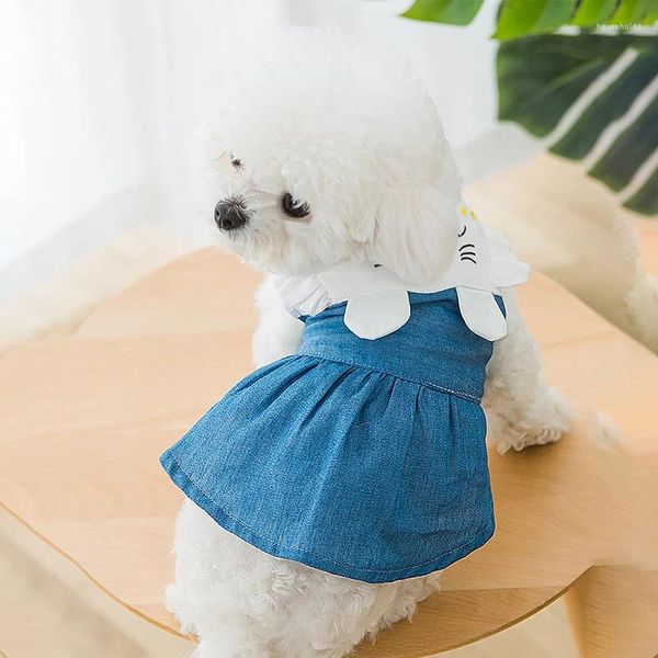 Vêtements pour chien été mince petite robe en jean robe élégante vêtements de chiot chaton carton mignon jupe bleue douce manche à manches