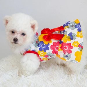 Hondenkleding zoete boog design prinses trouwjurken bloemen rok mouwloze katoenen puppy kostuum zomerdierenkleding voor kleine honden