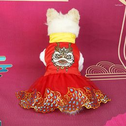 Vêtements pour chiens Tang Costume Robe Année chinoise Festive Vêtements pour animaux de compagnie Pull à la mode Jupe de chat Schnauzer Caniche Vêtements d'hiver