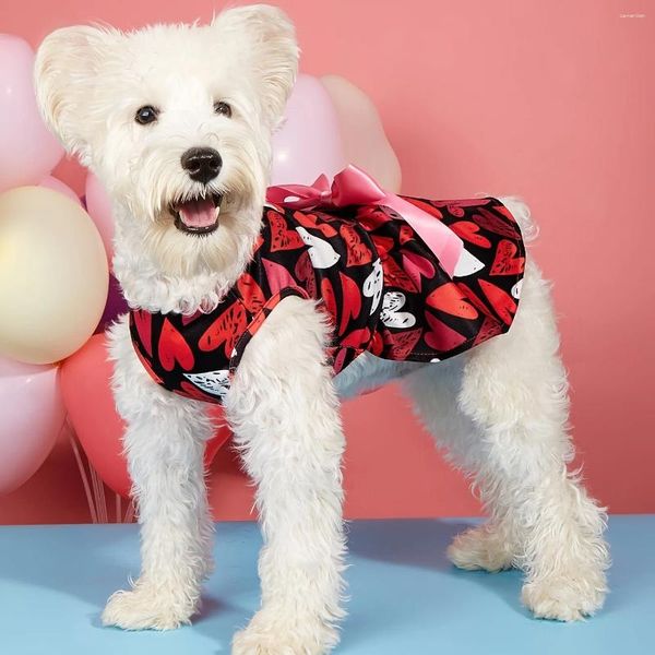 Ropa para perros Ropa para el día de San Valentín Traje con estampados de corazón Vestido de tul rojo con bowknot para perros pequeños Cat Girl