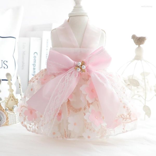 Ropa para perros Boda Bordado Falda Ropa Vestido Bowknot Perros Ropa Kawaii Pequeña mascota Dulce Traje Primavera Verano Ropa Para Perro