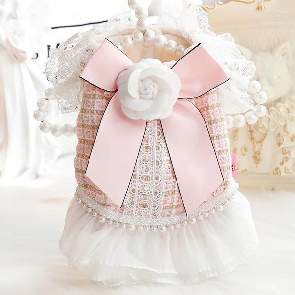 Ropa para perros Camelia blanca Vestido de princesa Ropa para mascotas Ropa de algodón dulce Perros pequeños Elegante Cálido Otoño Invierno Rosa Bowknot Mascotas