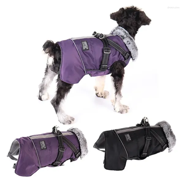 Ropa para perros invierno mascota abrigo de cuello de piel caliente impermeable reflectante desmontable pecho espalda chaqueta pequeña y mediana