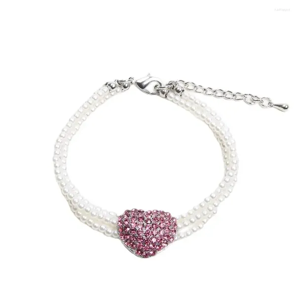 Dog Apparel XKSRWE 3 rangées de perles de chat collier collier avec strass coeur charme pendentif bijoux de mariage pour animaux de compagnie pour chiot femelle Yorkie