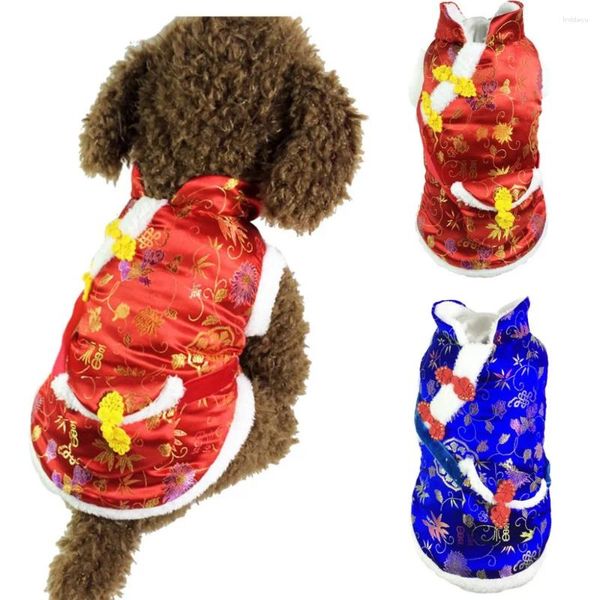 Ropa para perros Año Ropa para mascotas Estilo chino Invierno Cálido Tang Traje con bolsa Cachorro Tela Abrigo Festival Traje