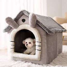 Hondenbed Warm Huis Grijs Kennel Kat Tent Slapen Grotbed Zelfverwarmend kussen 2 in 1 Opvouwbaar Nest voor binnenkatten Kitten Puppy 220329