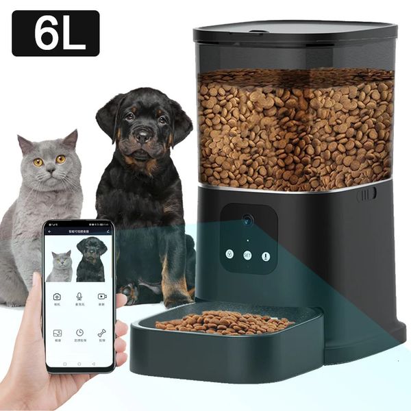 Dog Bowls Feeders 6L Cat Feeder Caméra vidéo Smart Timing Pet pour chats WiFi APP Intelligent Distributeur de nourriture automatique sèche avec enregistrement vocal 231031