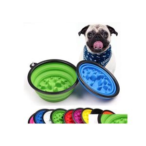 Hondenkommen feeders Inklapbare Pet Bowl Cat voeding Slow Food Water Dish Feeder Sile Foldable Choke voor Outdoor Travel 9 Colors Dro Otctu