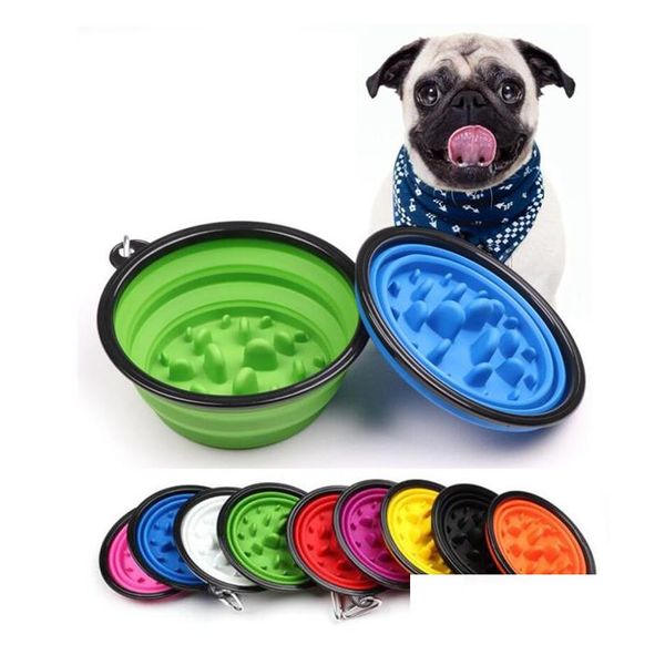 Bols pour chiens Mangeoires pliables pour animaux de compagnie, bol d'alimentation pour chat, nourriture lente, mangeoire à eau, starter pliable pour voyage en plein air, 9 couleurs à laisser tomber Dhfvj