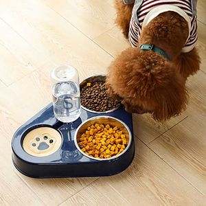 Hondenkommen Feeders Andere dierbenodigdheden 3 in 1 Pet Dog Feeder Bowl met hond Waterfles Cat Automatic Drinker Pet Double 3 Bowls Roestvrijstalen container Pet Supplies x07