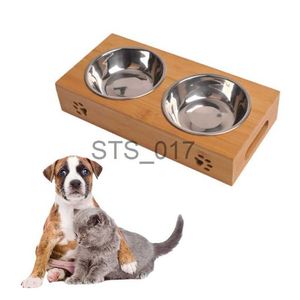 Gamelles pour chiens Mangeoires Autres fournitures pour animaux de compagnie Chat Chien Pet Acier inoxydable/céramique Bols d'alimentation et d'abreuvement Combinaison avec cadre en bambou pour chiens Chats x0715