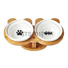 Bols pour chiens Mangeoires Autres fournitures pour animaux de compagnie New Amboo Bois Céramique Bol pour chat Fournitures pour animaux de compagnie Bols doubles Nourriture Bol d'eau Protection Colonne vertébrale High Foot Oblique Pet Feeder