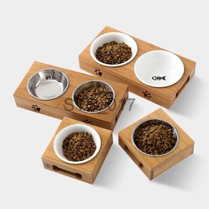 Bols pour chiens Mangeoires Autres fournitures pour animaux de compagnie Bol pour chien et chat Bol en céramique Table en bois de bambou dans un chaton Double bol antidérapant pour petit chien Bol de nourriture x0715