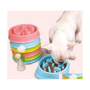 Bols pour chiens Mangeoires en plastique pour animaux de compagnie Anti-étranglement Bol Chiot Chat Ralentir Manger Saine Alimentation Plat Jungle Design Rose Blu Homefavor Dhzvb