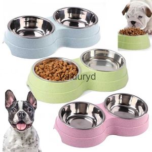 Gamelles pour chiens Distributeur d'eau pour animaux de compagnie en acier inoxydable avec deux bols pour animaux de compagnie Distributeur d'eau de nourriture pour chien Fournitures d'alimentation pour chats et chiots Puppyaccessoriesvaiduryd