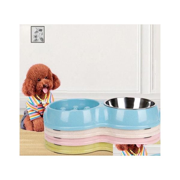 Tazones para perros Alimentadores Trigo St Alimentador de doble tazón Perros Tazones de alimentación para mascotas Plato de comida saludable Suministros de alimentación para perros Ventas al por mayor Lxl1202L1 Gota Dhsdv