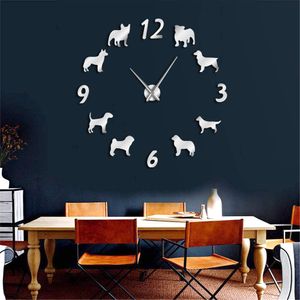 Hondenrassen grote wandklok Bull Terrier Pug 3D Wall Watch Puppy Dierlijke muur Decor Diy Big Clock Modern Design Beste cadeau