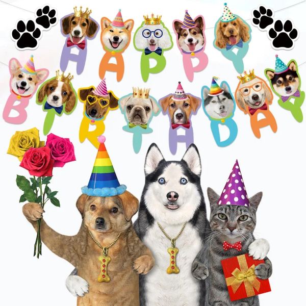 Banner de topper de pastel de perros banderas felices cumpleaños