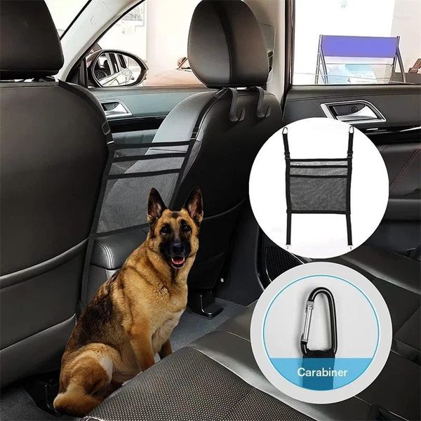 Filet de transport pour chien, barrière de voiture à 3 couches, siège avant, organisateur en maille de sécurité pour animaux de compagnie, sac de rangement pour chiot entre les sièges, poche élastique