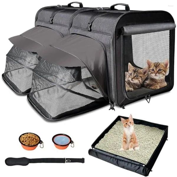 Voyage de chats de porte-chiens avec bac à litière double compartiment grand chats portables pour animaux de compagnie et chiens moyens extensibles à face molle