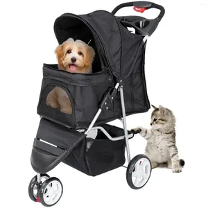 Transportador para perros, cochecito plegable para mascotas, gato/perro con carrito de paseo de 3 ruedas, cesta de almacenamiento de viaje, portavasos negro