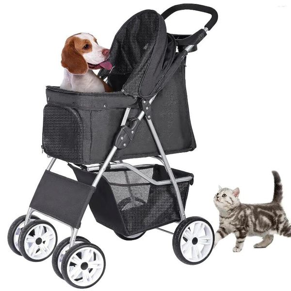 Transportín para perros, cochecito plegable para mascotas, gato/perro con carrito de viaje de 4 ruedas, cesta de almacenamiento, portavasos, negro