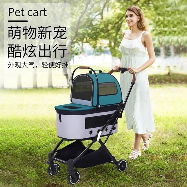 Porte-chiens Pet Strolley portable de voiture à double étage détachable pour quatre roues chat et chariot peuvent être pliés avec un bouton respirant
