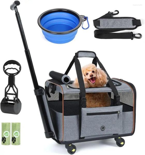 Chat roulant du transporteur de chien avec roues Sac de rangement de voyage pour animaux de compagnie gris et peut pliable