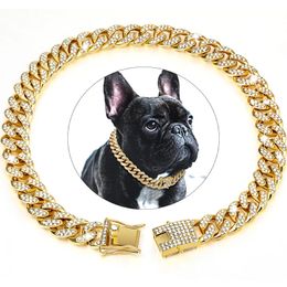 Chaîne de chien diamant collier cubain marche collier de chaîne en métal avec conception une boucle sécurisée, un chat pour animal de compagnie cols bijoux accessoires