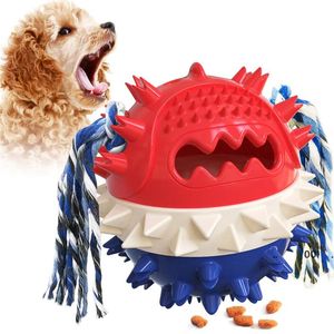 Juguetes para masticar perros Masticables agresivos Rompecabezas divertido interactivo Bolas para cachorros con cuerda para morder 4 en 1 Molar Squeaky Bouncing Treat LLF11708