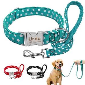 Hondenkraag Custom Nylon Pet Polka Dot Collar Walking Leash Set Gepersonaliseerde Puppy Naambord ID Tag Collars Verstelbare Gegraveerde 210729
