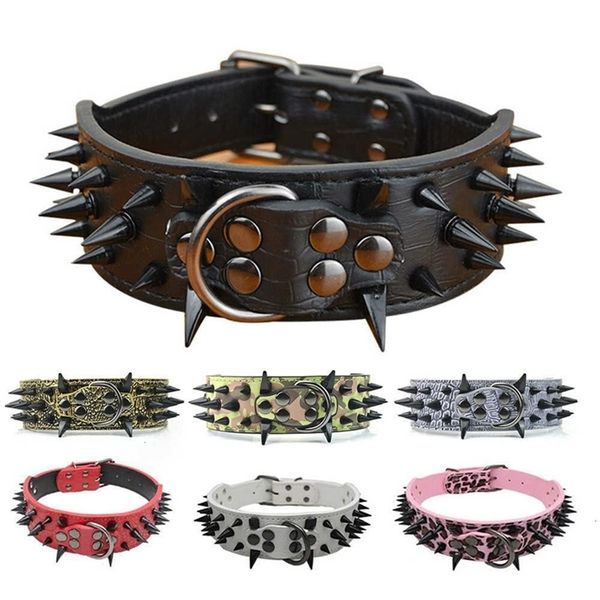 Collar de perro para grandes s PU cuero grande con picos negros tachonado Pitbull Mastiff Rottweiler LJ201109