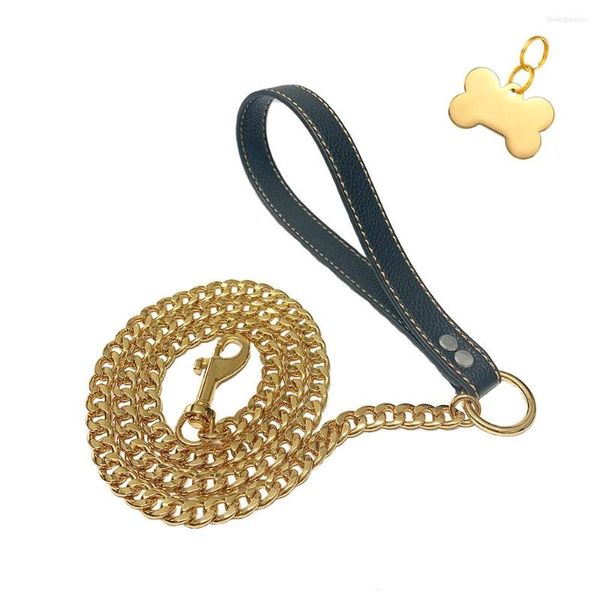 Collares para perros de 12 mm de ancho, correa de cadena chapada en oro de 18 quilates, mango de cuero con etiquetas de identificación personalizadas, Collar para mascotas para perros grandes, medianos y pequeños