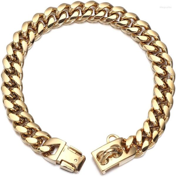 Collares para perros Collar de oro de 14 mm Collar de cadena de dongle de acero inoxidable de Hip Hop chapado en oro de 18 quilates Etiqueta para mascotas