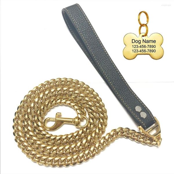 Collares para perros Cadena de mango de cuero de acero inoxidable de alta calidad de 14 mm Cadena de pestañas pesadas cubanas chapadas en oro de 18 quilates 3 pies para perros grandes y medianos