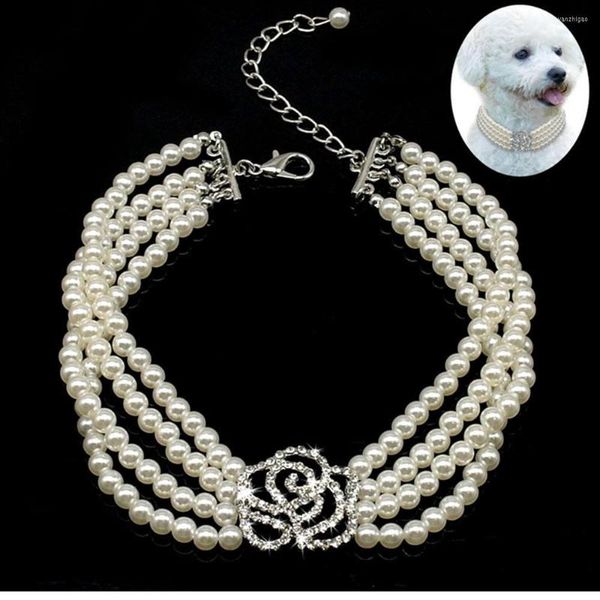 Colliers pour chiens 4 rangées de perles collier pour animaux de compagnie avec breloque fleur bling pour chiot Chihuahua