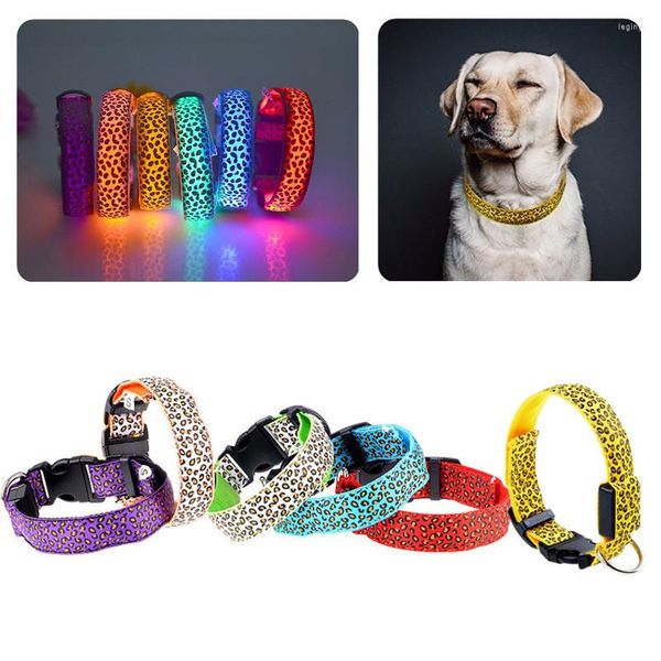 Collares de perro ajustables perros LED suministros para mascotas Nylon cachorro leopardo Collar cinturón seguridad nocturna al aire libre resplandor luminoso mascotas gato