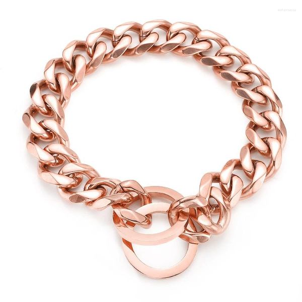 Collares para perros Llegada Oro rosa Collar de cadena de eslabones cubanos Acero inoxidable P Entrenamiento para caminar para perros pequeños, medianos y grandes 11/15/19 mm