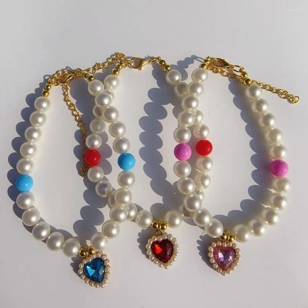 Colliers de chien Bling collier de perles pour animaux de compagnie coeur de pêche diamant pendentif collier réglable cou princesse cadeau pour chiot chat fournitures