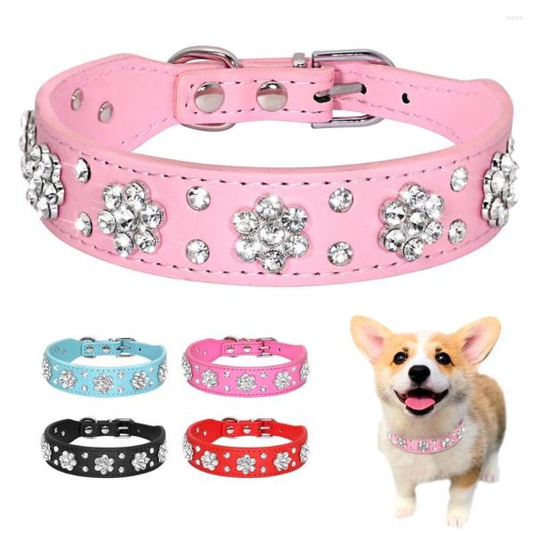 Collares para perros Collar de diamantes de imitación ostentosos Collar de cuero PU para gatos y cachorros con accesorio de cristal para mascotas para perros pequeños y medianos