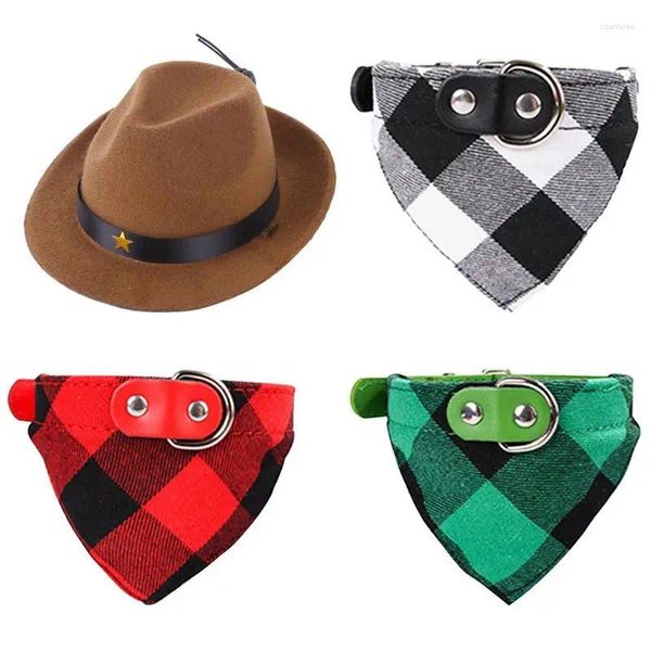 Collares para perros Gato Sombrero de vaquero Bufanda triangular Tamaño de mascota Ajustable Sombrero suave y Bandana Conjunto de disfraces multiusos para