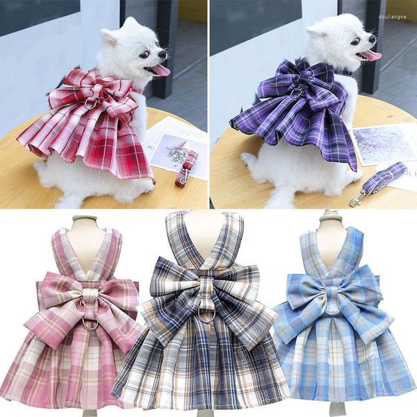 Collares para perros, falda a cuadros para gatos, arnés ajustable para mascotas, correa para el pecho, vestido de boda, ropa para perros pequeños, vestidos con lazo de cuerda