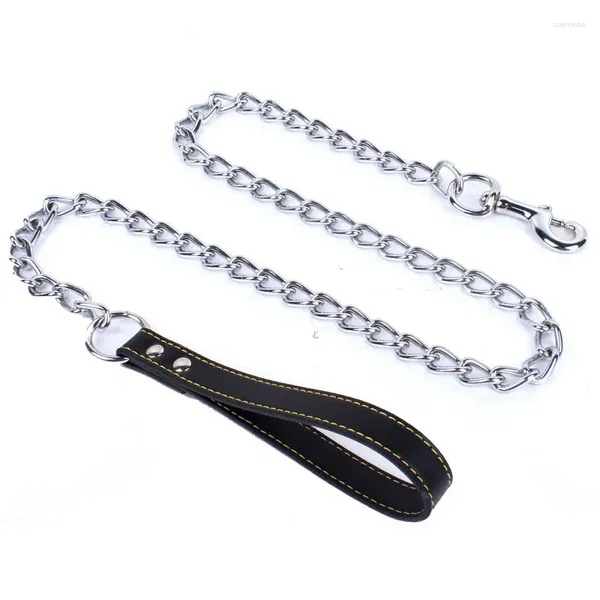 Collares para perros Correa de cadena para perros grandes Metal Chew Proof Heavy Duty Acero inoxidable con mango acolchado de cuero