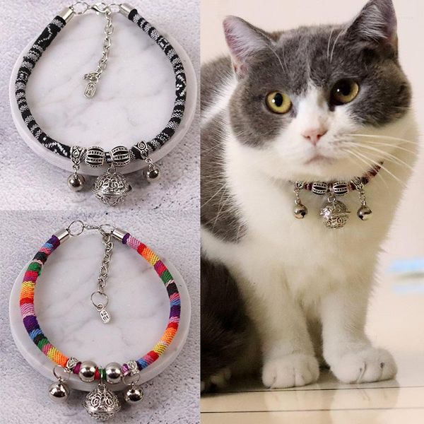 Collares de perro Collar de estilo chino para gatos Campana de latón Gato Tejido a mano Banda para el cuello Accesorios Suministros para mascotas