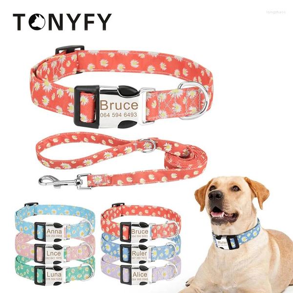 Collares para perros collar de bricolaje y correa patrón de flores personalizado personalizado grabado nombre de identificación para pequeños gatos medianos grandes al aire libre