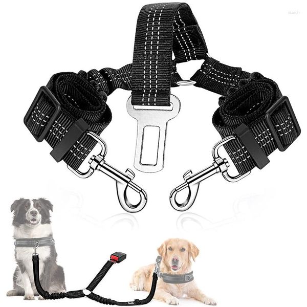 Colliers pour chiens Double ceinture de sécurité de voiture extension d'élasticité bande réfléchissante réglable accessoires de voyage de véhicule laisse de sécurité pour deux animaux de compagnie